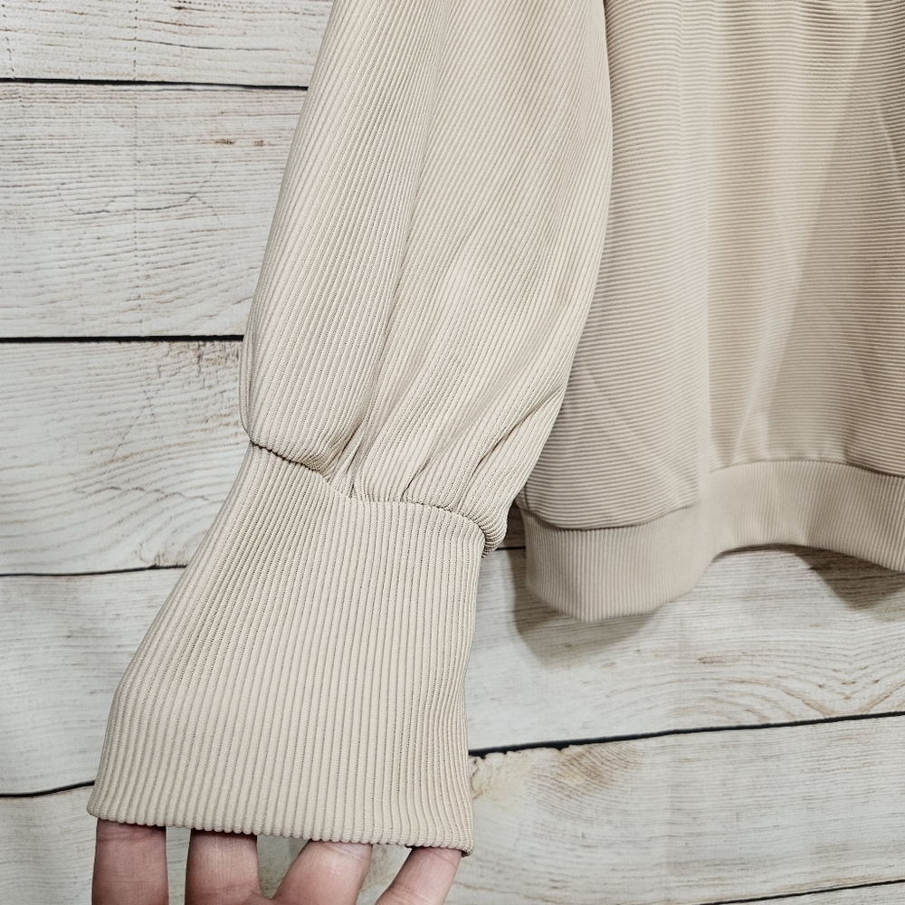 Quarter Zip Ribbed Pullover Top Beige Tan Large - Picture 10 of 13